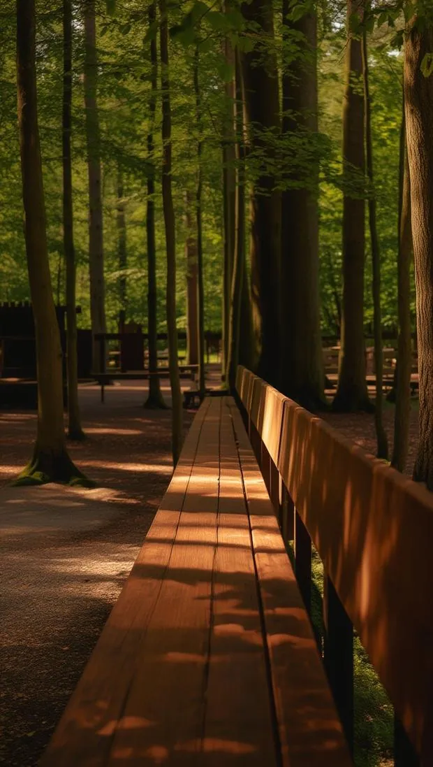 Un sentiero di legno nel bosco, nella luce del mattino