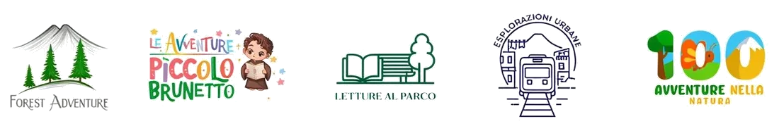 Le cinque aree di Nature Squad: Forest Adventure, Le Avventure del Piccolo Brunetto, Letture al Parco, Esplorazioni Urbane, 100 Avventure nella Natura