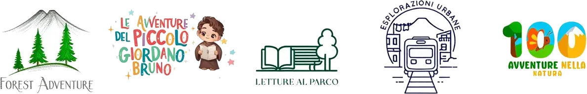Le cinque aree di Nature Squad: Forest Adventure, Le Avventure del Piccolo Giordano Bruno, Letture al Parco, Esplorazioni Urbane, 100 Avventure nella Natura