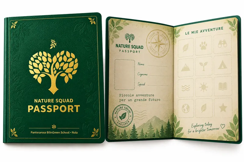 Il Nature Squad Passport: la copertina verde e oro e le pagine interne con gli spazi per i timbri