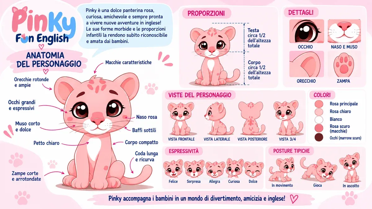 Tavola dell'anatomia di Pinky: il personaggio intero, le proporzioni, i dettagli, le viste, i colori, le espressioni e le posture