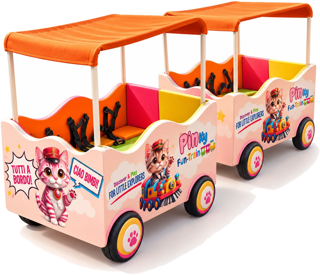 Il Pinky Fun Train: due vagoni arancio e rosa con il capotreno Pinky