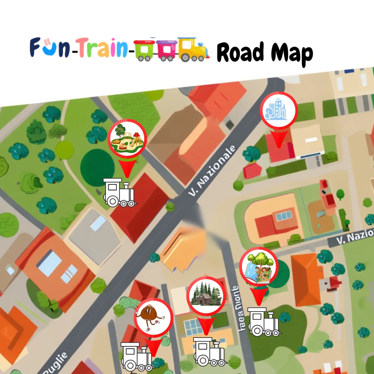 Mappa del Fun Train con le fermate: Parco Velotti, Esplorazioni Urbane, Noccioland, The Forest Orchestra e Adventure Land